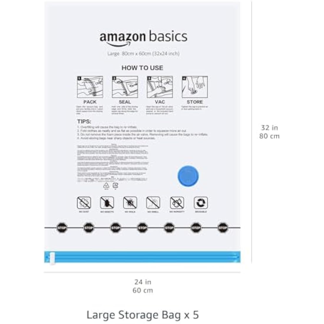 Amazon Basics Vacuum Compression Zipper Storage Bags with Airtight Valve and Hand Pump, Large, 5-Pack, Clear