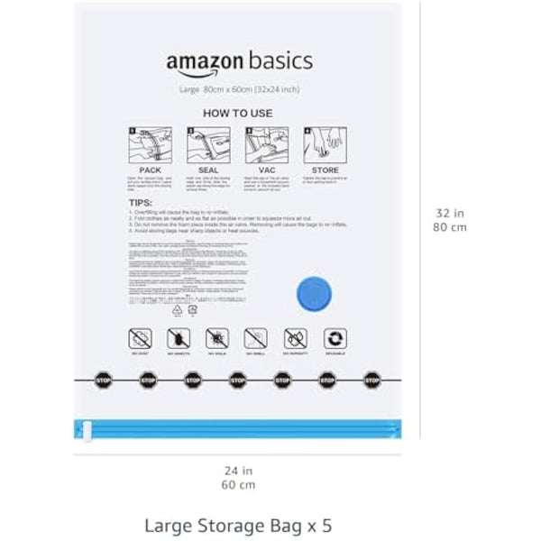 Amazon Basics Vacuum Compression Zipper Storage Bags with Airtight Valve and Hand Pump, Large, 5-Pack, Clear
