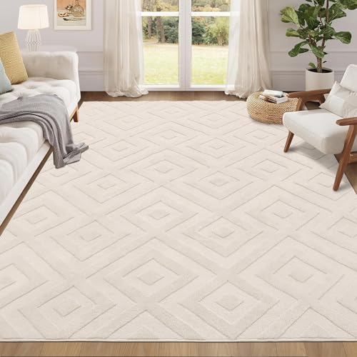 Enyhom Machine Washable Area Rug, 160 x 220 cm Large Soft Geometric Rugs for Bedroom Modern Design Cream Rugs Living Room Non Slip Carpet Stain