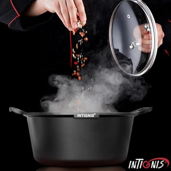 INTIGNIS® Casserole Pot with lid – Large 36cm |14 Litre | 16 Inches – Induction Compatible – GREBLON Ceramic Non Stick Chemical Free Coating Black