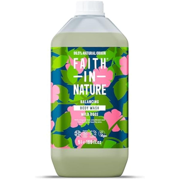 Faith In Nature Natural Wild Rose Body Wash, Balacing Shower Gel, Vegan & Cruelty Free, No SLS or Parabens, 5L Refill Pack