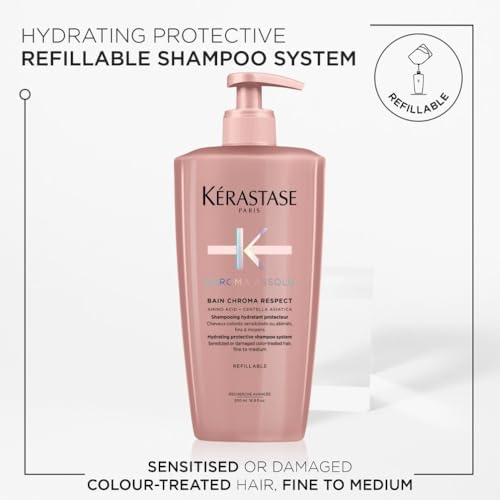 Kérastase Chroma Absolu, Hydrating and Protective Shampoo, Sensitised or Damaged Color-Treated Hair, Fine To Medium, With Glycerin, Amino Acid and Hyaluronic Acid, Bain Chroma Respect