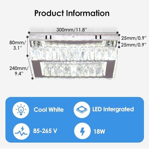 Finktonglan LED Crystal Chandelier Modern Rectangular Ceiling Lamp K9 Stainless Steel Flush Mount Ceiling Lights Fixture Chandelier for Dining Room Living Room Bedroom (Cool White)