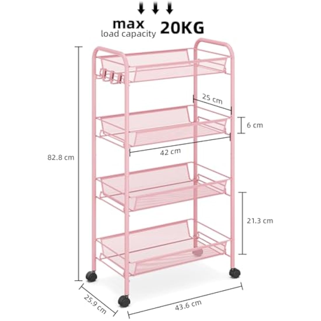 APEXCHASER 4-Tier Rolling Cart,Easy Assemble Mobile Storage Trolley On Wheels,Slide Out Utility Cart Shelving Units Kitchen Bathroom Laundry Room,Pink