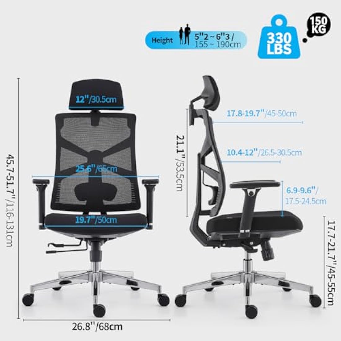 HOLLUDLE Ergonomic Office Chair with Adaptive Backrest, High Back Computer Desk Chair with 4D Armrests, Adjustable Seat Depth, Lumbar Support and 2D Headrest, Swivel Task Chair, Black