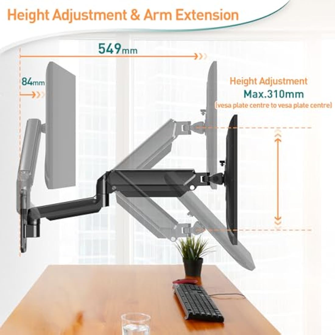 ELIVED Wall Mount Gas Spring Arm for 13-32 Inch PC Monitors With VESA 75x75 / 100x100mm up to 9KG, Tilt Swivel Rotate Single Arm, Height Adjustable Wall Bracket EV023