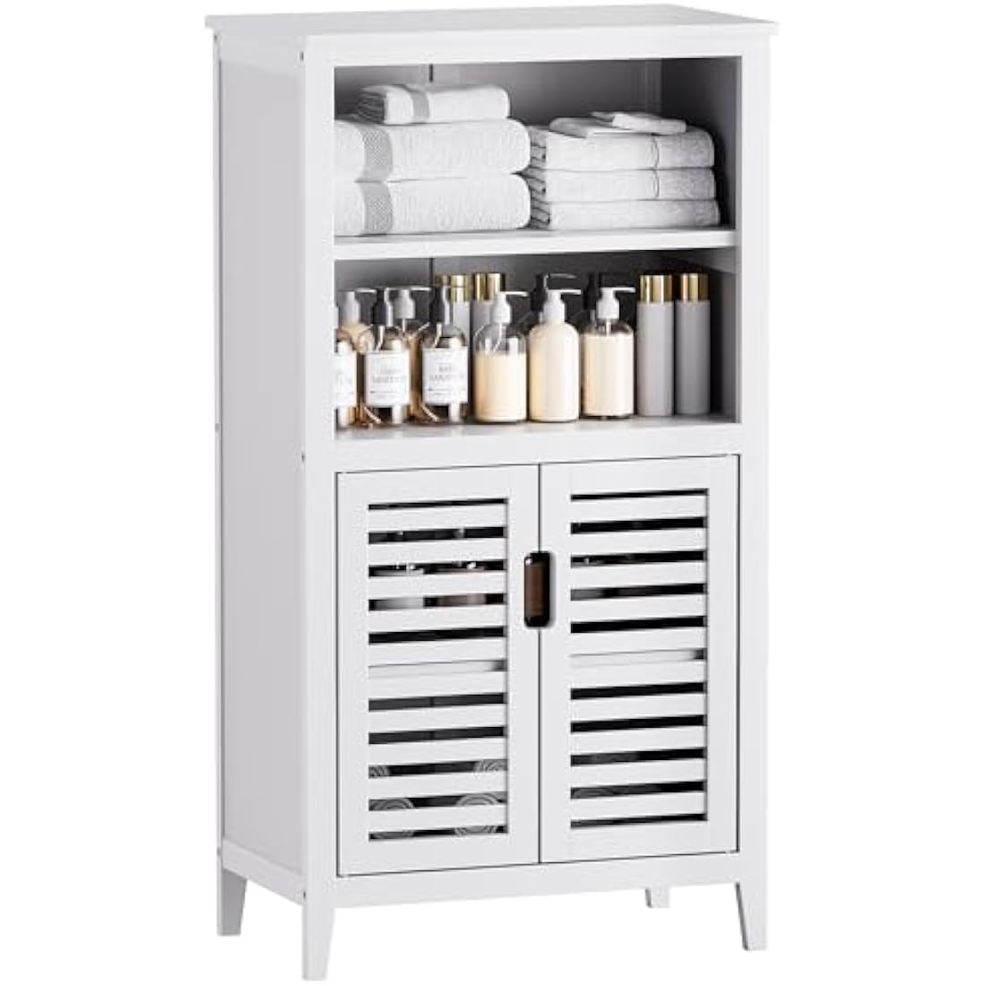 HITNET Bathroom Floor Storage Cabinet, Bamboo Freestanding Kitchen Organizer Rack with Double Doors and 2 Removable Shelves, White