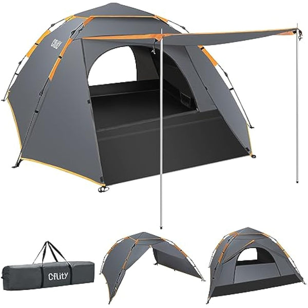 Cflity Camping Tent, 3 Man Pop Up Tent Automatic Instant Three Layer Waterproof 4 Season Large Dome Tent & Shelters with Extended Floor Mat Porch 2 Hall Poles Removable Rainfly