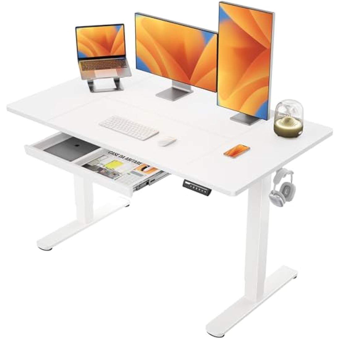 ErGear Electric Standing Desk 140 x 80 cm, Height Adjustable Desk, Sit Stand Table with Easy-Glide Drawer & 4 Memory Smart Pannal, T-Leg Design for Stability, Splice Board, White Frame & Surface