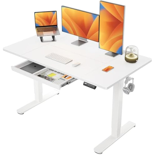 ErGear Electric Standing Desk 140 x 80 cm, Height Adjustable Desk, Sit Stand Table with Easy-Glide Drawer & 4 Memory Smart Pannal, T-Leg Design for Stability, Splice Board, White Frame & Surface