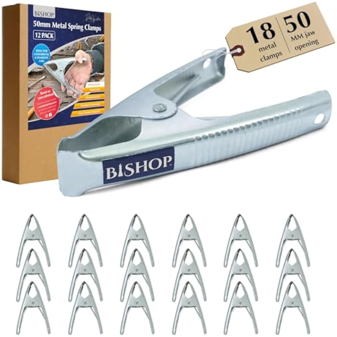 Commercial Grade Metal Spring Clamps for Woodwork - Rust Proof Market Stall Tarp Clips Clamps 50mm Jaw Capacity - Metal Clips All Steel Construction 160mm Length - Triple Coil Spring Clips (Qty: 18)