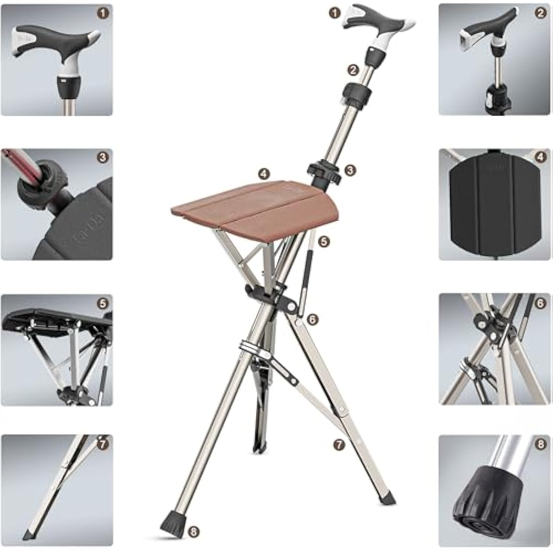 Ta-Da Chair PRO - Walking Stick with Seat, Ultra-Light Aluminium Frame & Sturdy Foldable Stool (up to 120kg), Collapsable Folding Design, Ideal for Travel & Sightseeing - Brown, Adjustable