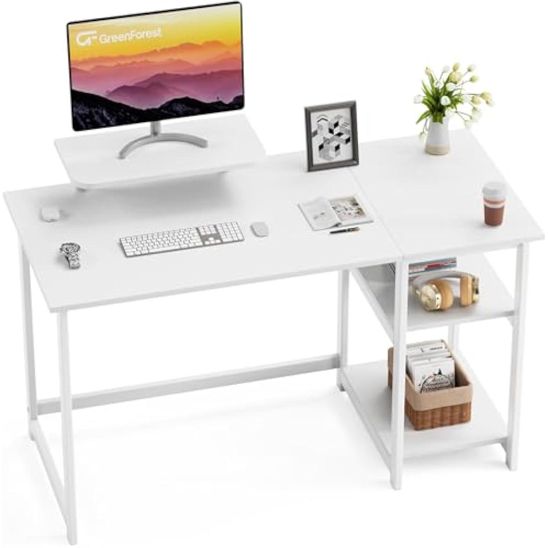 GreenForest Computer Desk with Monitor Stand,100cm Home Office Desk with Reversible Storage Shelves,Study Desk for Small Spaces,Full White