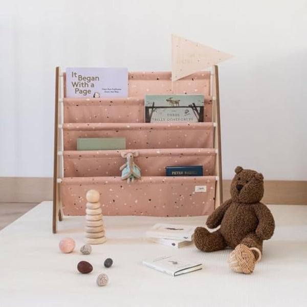 3 Sprouts Recycled Fabric Kids Bookshelf – 4-Tier Sling Book Rack Storage - Kids Room Book Shelves, Nursery, Playroom, Classroom - Bookcase Display Shelf for Toddler, Children Age 3+ - Terrazzo Clay
