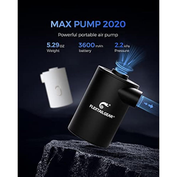 FLEXTAILGEAR MAX Pump 2020, Portable Electric Air Pump, 3600mAH Battery,Rechargeable, High Flow 300L/min, Fast In/Deflating, Air Mattress, Swimming Ring, Vacuum Storage Bags, Camping & Travel