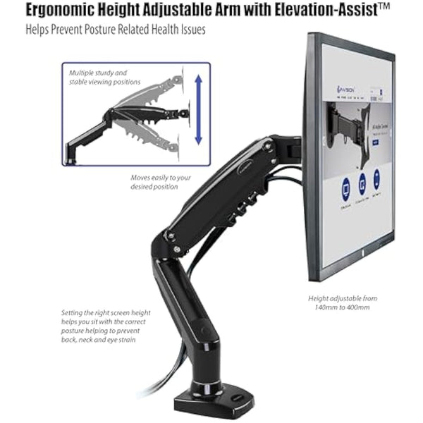 Invision PC Monitor Arm Ergonomic Height Adjustable Gas Assisted Full Motion | Single Arm Desktop Clamp Mount for 17–27” Screens with Tilt Swivel Extend | VESA 75mm/100mm Weight 2kg-6.5kg (MX150)