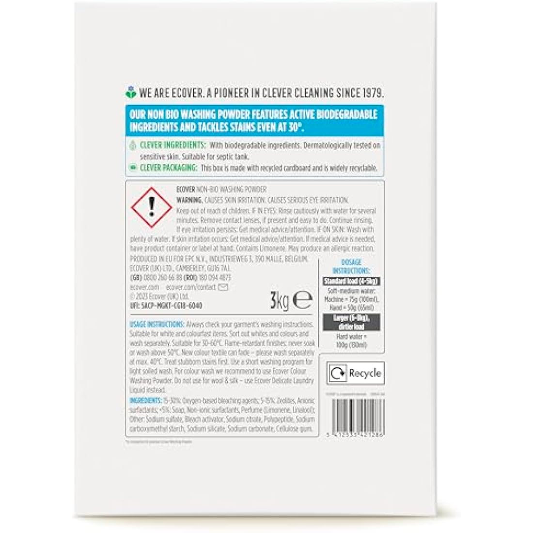 Ecover Non-Bio Laundry Detergent Powder, Laundry Washing Detergent, Fresh Lavender and Eucalyptus Scent, 1 x 40 Washes, 1 x 3 kg,