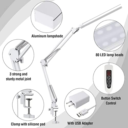 SKYLEO LED Desk Lamp with Clip and Base - Eye Protection Desk Lamps for Study - Swing Arm USB Desk Lamp Office - 3 Light Modes x 10 Brightness Levels - 5V/2A Adapter - White