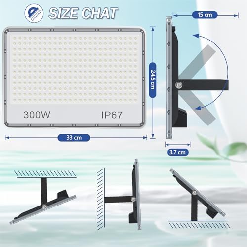 TASINUO 300W LED Floodlight Outdoor 2 Pack, 30000LM Outdoor Security Lights, IP67 Waterproof LED Spot Lights 7000K Daylight LED Flood Lights for Garden Yard Garages Warehouse Patio Billboard