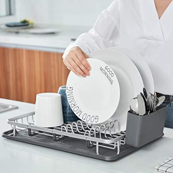 KINGRACK Aluminum Dish Drainer, Dish Drying Rack with Removable Drip Tray, Utensil Holder, Draining Board, Grey Dish Rack Drainers for Small Kitchens