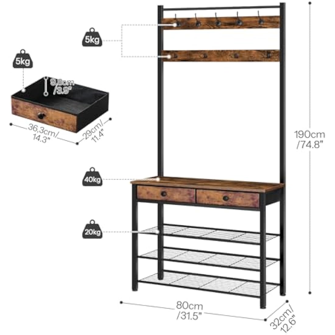 HOOBRO Coat and Shoe Rack, Coat Rack with Shoe Storage, Hall Tree with 2 Non-Woven Drawers, Coat and Shoe Storage for Hallway, Bedroom, Cloakroom, Rustic Brown and Black EBF81MT01