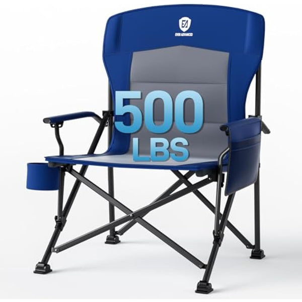 EVER ADVANCED Camping Chair for Adults Oversized 230KG, Folding Chair for Heavy People with Side Pocket, Heavy Duty Extra Wide Garden with Hard Armrest Foldable Fishing Outdoor Blue