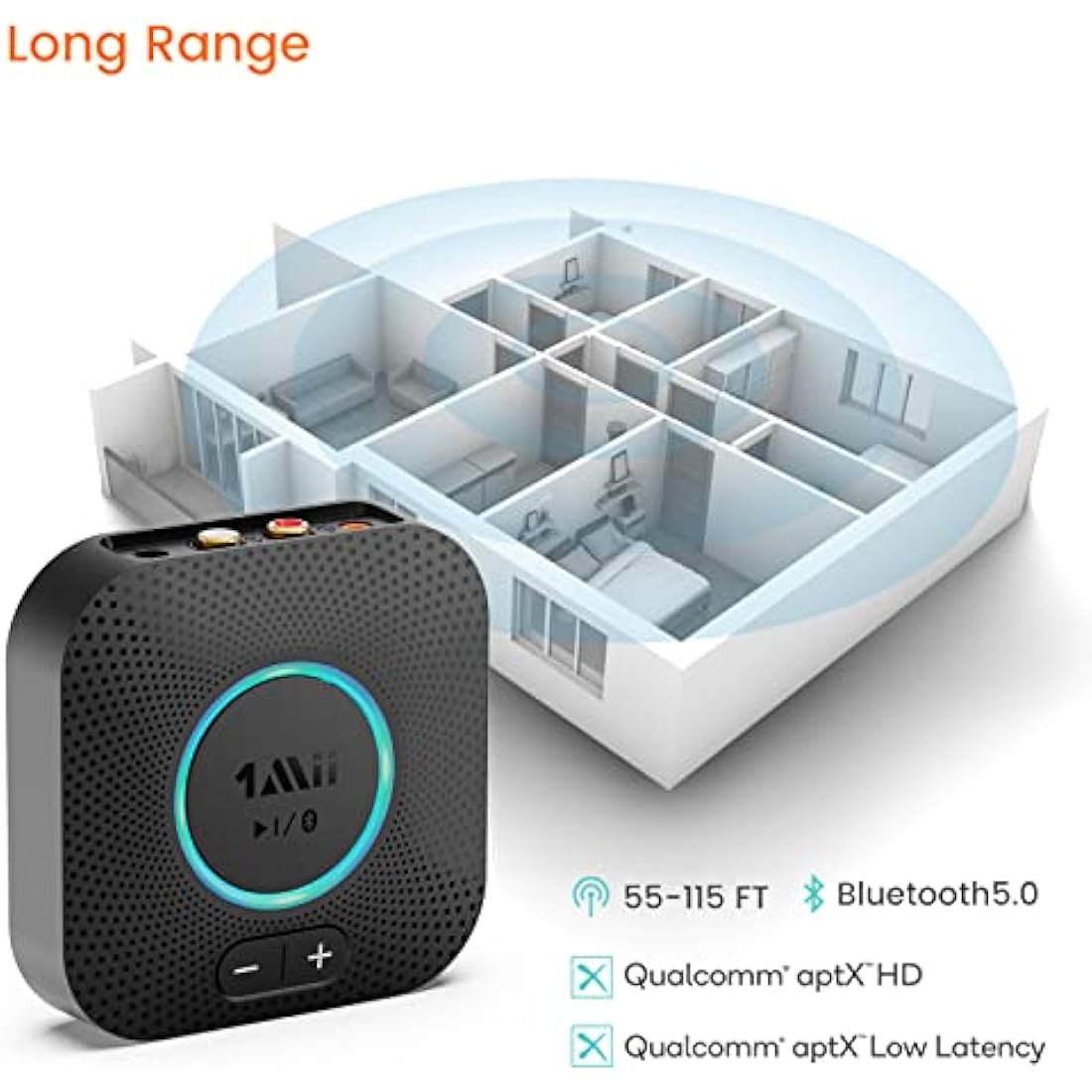 1Mii B06S Bluetooth 5.2 Receiver for Music Streaming System, Hi-Fi Wireless Audio Adapter for Stereo Receiver aptX HD aptX Low Latency, Bluetooth Receiver with Volume Control RCA/3.5mm Outputs