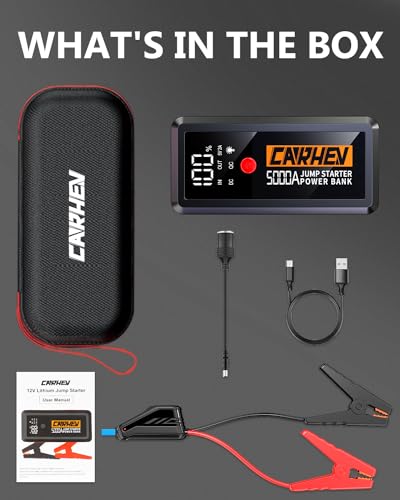 CARHEV 5000A Jump Starter Power Pack, Portable Car Battery Booster Jump Starter for 12V Vehicles(Up to 8.0 L Gas/Diesel), Powerful Car Battery Jump Starter with USB Quick Charge 3.0 and LED Flashlight