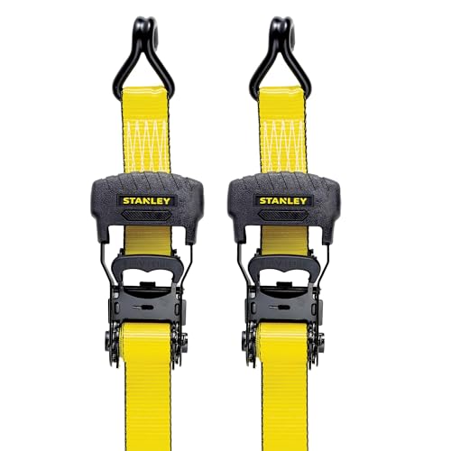 STANLEY S1007 Black/Yellow 1.5" x 16' Ratchet Tie Down Straps - 1,100 lb Safe Working Load / 3,300 lb Break Strength, 2 Pack