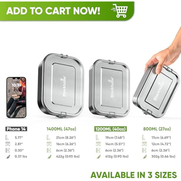 Blockhütte Stainless Steel Lunch Box for Kids and Adults I 1200ml Metal Lunch Box I Metal Bento Boxes with 2 Movable Dividers – Leakproof Lunchbox – Stainless Steel Bento Box with Spare Seal