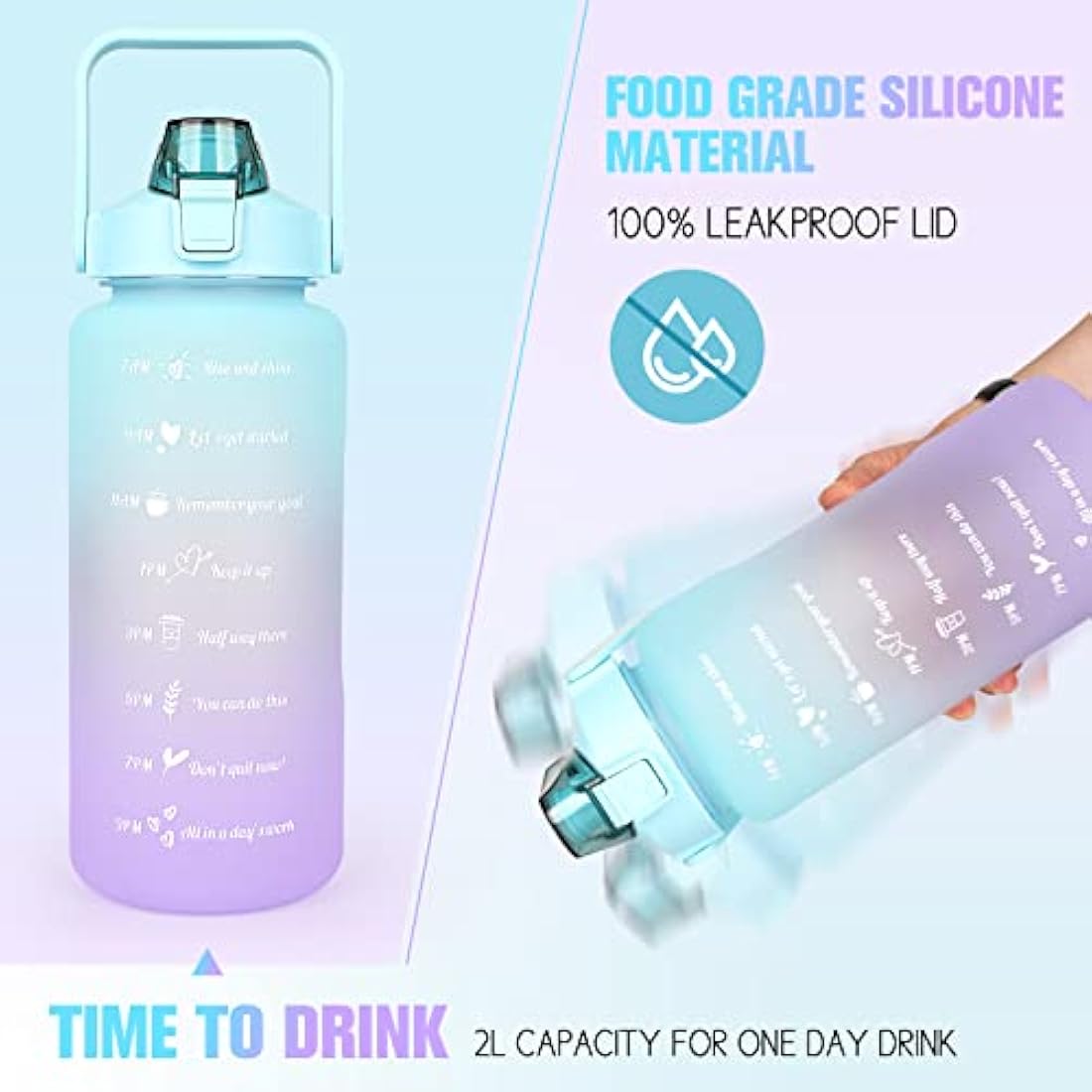 Water Bottle 2L BPA Free Sport Drinks Jug with Time Marking & Lock Cover, Leak Proof 2 Liters Water Bottle with Portable Handle, Green Water Canteen Bottle