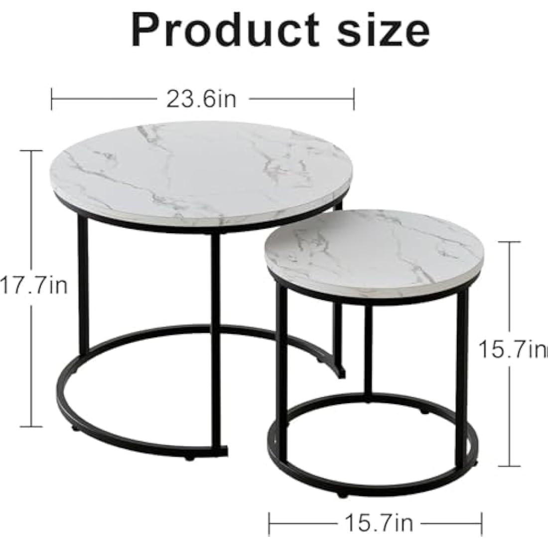 Huhote Round Coffee Tables, Set of 2 End Table, Nesting Tables, Side Table with Metal Frame for Living Room/Bedroom/Balcony/Office/Apartment, Diameter 23.6/15.7 IN (Black Frame, White Marble Top)