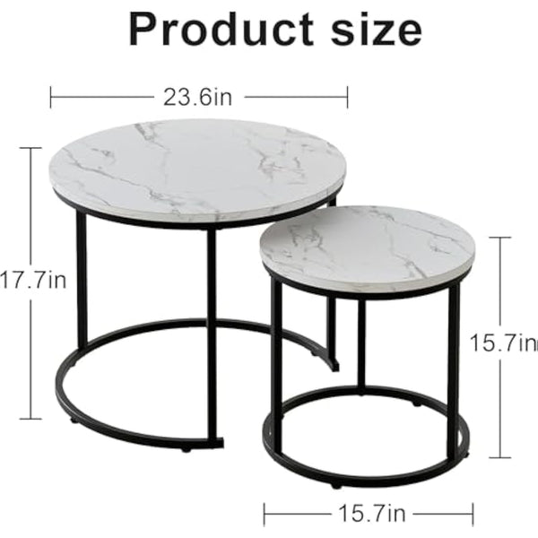 Huhote Round Coffee Tables, Set of 2 End Table, Nesting Tables, Side Table with Metal Frame for Living Room/Bedroom/Balcony/Office/Apartment, Diameter 23.6/15.7 IN (Black Frame, White Marble Top)