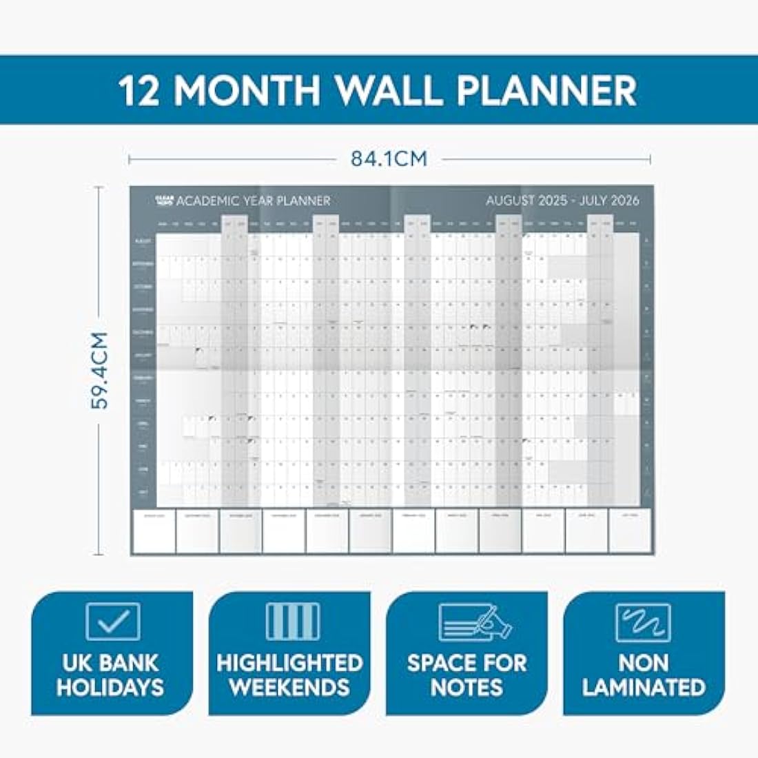 Academic Wall Planner 2025-2026 by Clear Mind Concepts® - A1 Wall Planner Folded (59.4 x 84.1cm) for Students, Teachers, and Professionals with Monthly Planning