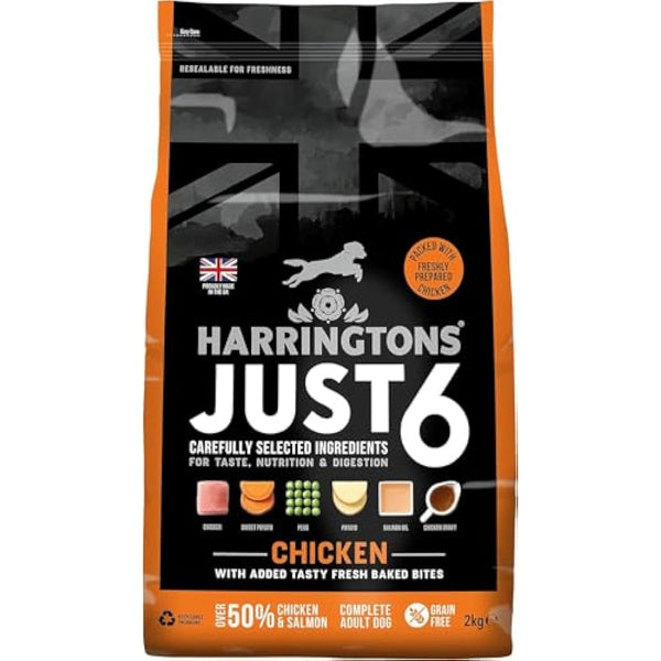 Harringtons Just 6 Complete Grain Free Hypoallergenic Chicken & Veg Dry Adult Dog Food 2kg (Pack of 4) - With Added Fresh Baked Bites