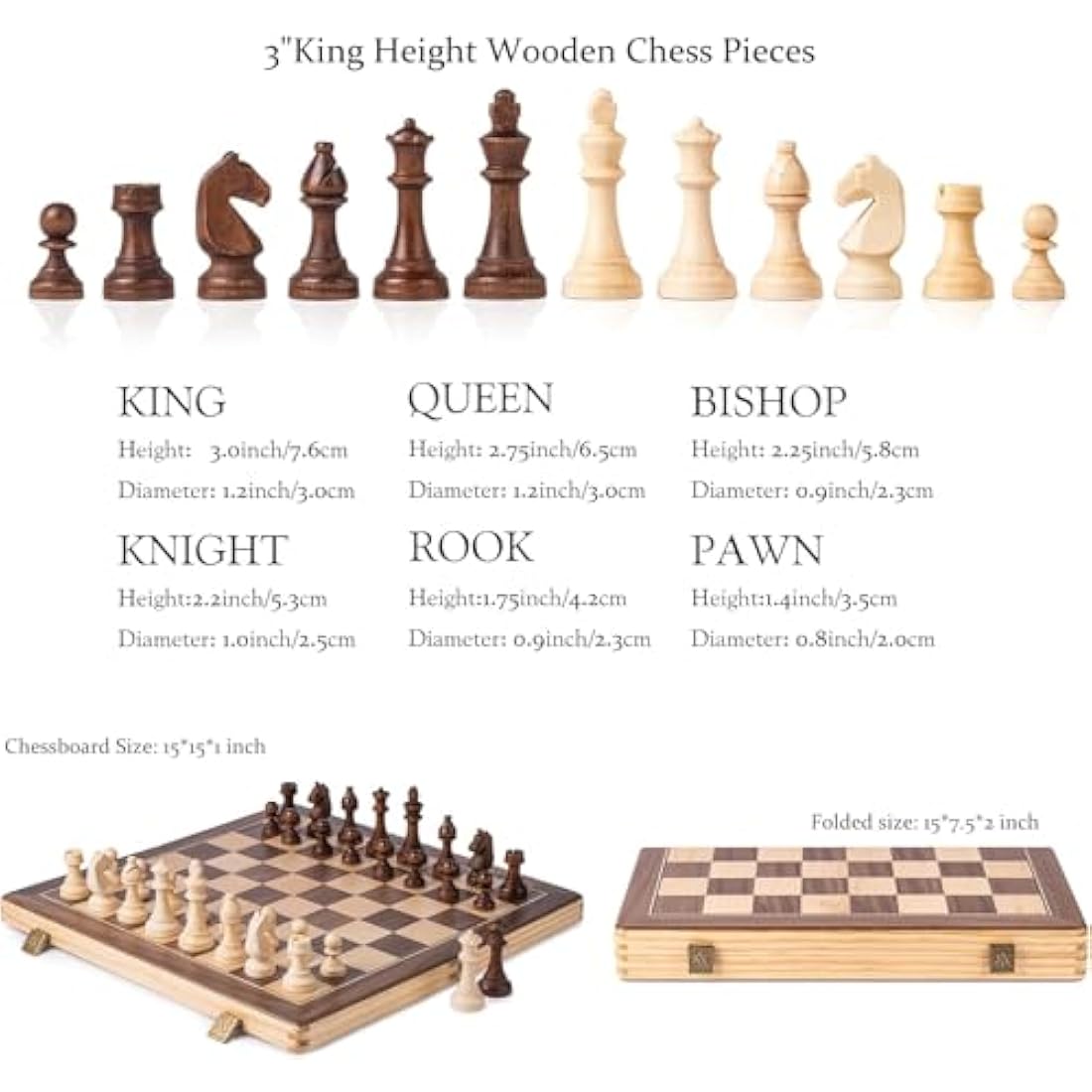 A&A 15 inch Wooden Folding Chess & Checkers Set w/ 3 Inch King Height Staunton Chess Pieces / 2 Extra Queens…