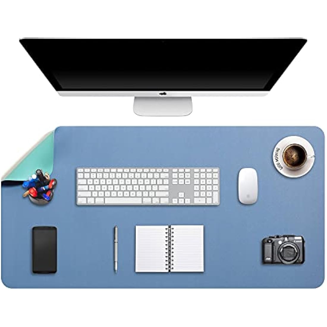 DOBAOJIA Desk Pad XX-Large, Desk Mat, Desk Blotter, Laptop Pad, Extended Mouse Mat, Mouse Pad XXL, Writing Pad for Office/Home, Dual-Side Use PU Leather Waterproof 35.4" X 16.9"(Steel Blue/Green)