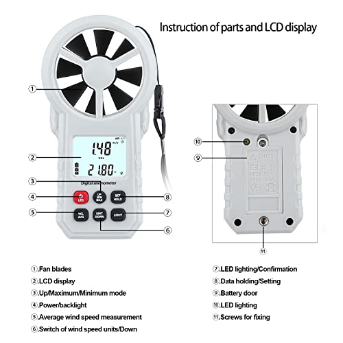 Digital Anemometer, Handheld Wind Speed Meter with Temperature/Humidity Sensor, USB & Bluetooth Connectable Air Flow Meter Wind Gauge for