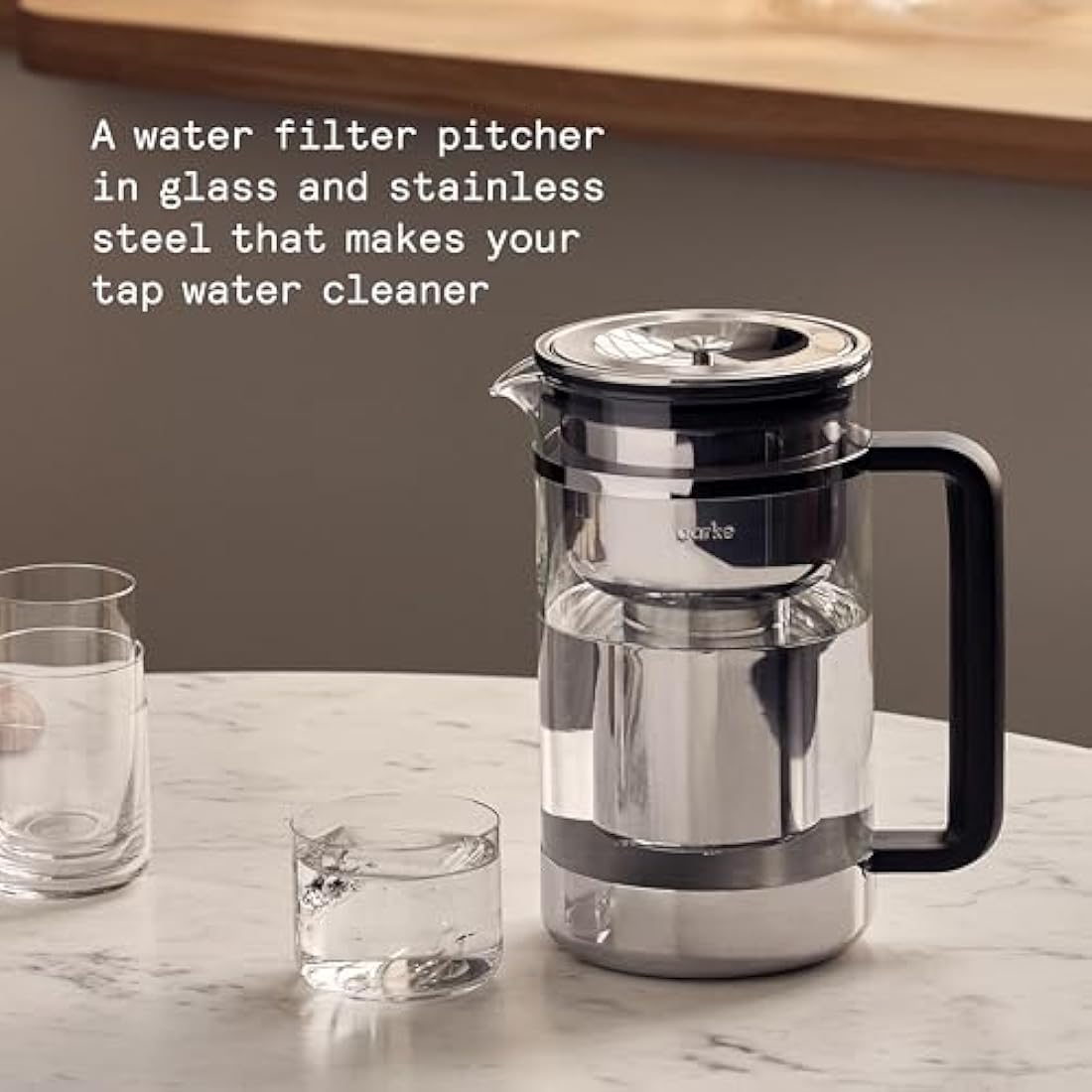Aarke Purifier Large, Water Filter Jug in Glass and Stainless Steel, 2.8L / 12 Cups, Includes Aarke Pure Filter Refill Bag
