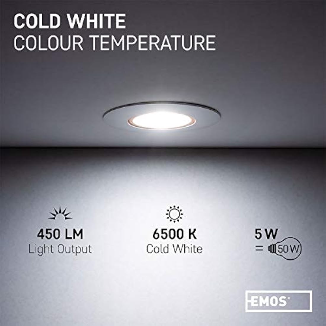 EMOS LED Spot Lights Ceiling Round 5W / 450lm, 6500K Cold White | 50° Tilt Swivel Recessed Ceiling Lights, Ultra Slim | Pack of 12 Recessed LED Downlights for Ceiling, Mains Powered, White