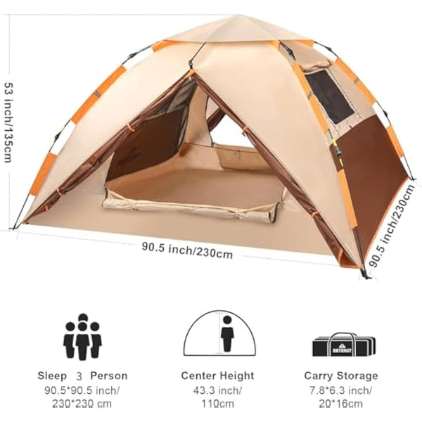BETENST Camping Tent, Pop up Tent 3 Person Family Dome Tent Waterproof Windproof with 2 Mesh Doors, 2 Mesh Windows, Roof Skylights, 2 in 1 Double Layers, Storage Bag for Camping Hiking Backpacking