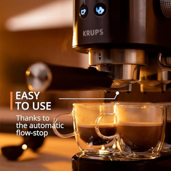 Krups Virtuoso + Pump Espresso Machine, Sleek Compact Design, Auto Flow-Stop, Espresso and Cappuccino Maker, Black Stainless Steel, XP444GG0