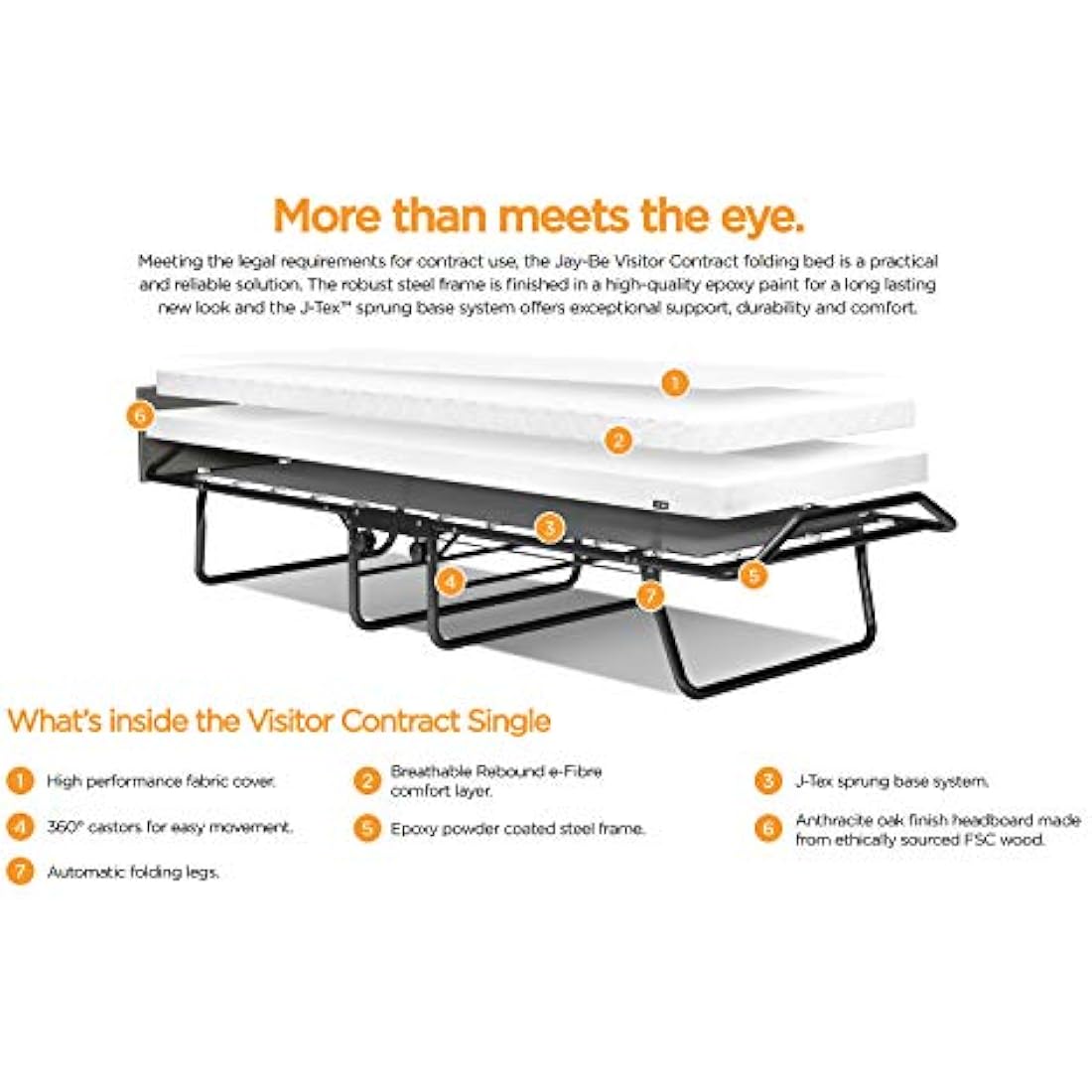 Jay-Be Visitor Contract Folding Bed with Performance e-Fibre Mattress and Automatic Folding Legs, Compact, Single, Black