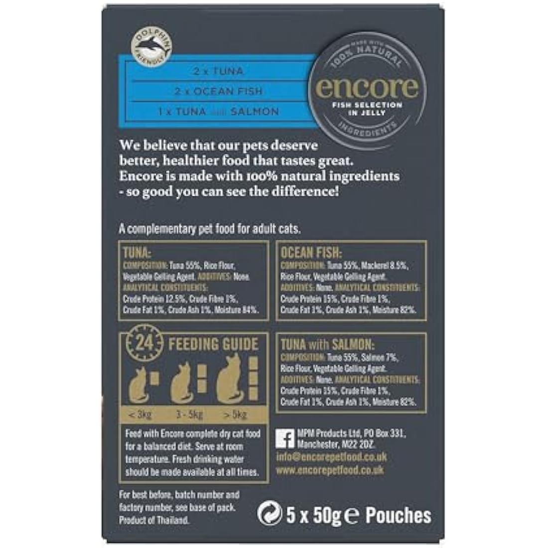 Encore Natural Wet Cat Food, Multipack Tuna with Fish Selection in Jelly 5 x 50g Pouch, Pack of 4 (Packing May Vary)