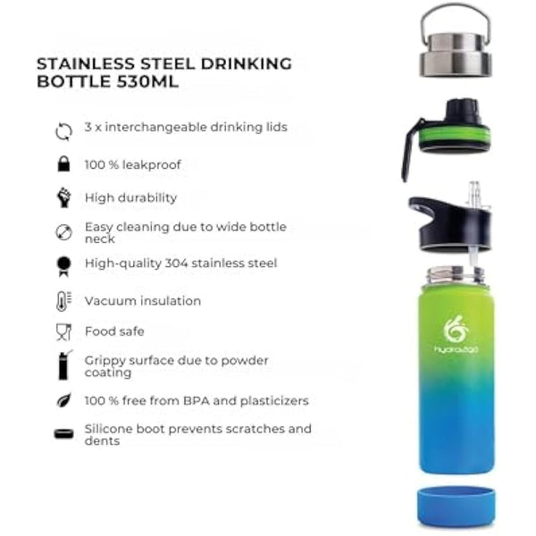 hydro2go Stainless Steel Water Bottle – BPA-Free Bottle for Kids, School, Sports & Outdoor – Keeps Drinks Hot for up to 12H and Cold for up to 24H – Includes 3 Drinking Caps – 530ml (Earth)