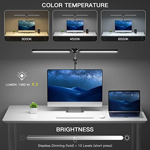 CHICLEW LED Desk Lamp for Home Office, 24W Swing Arm Double-Head Table Lamps, 3 Colors Lighting & Stepless Dimming Architect Reading Desk Light, Adjustable Eye-Caring Clamp Light for Study Work