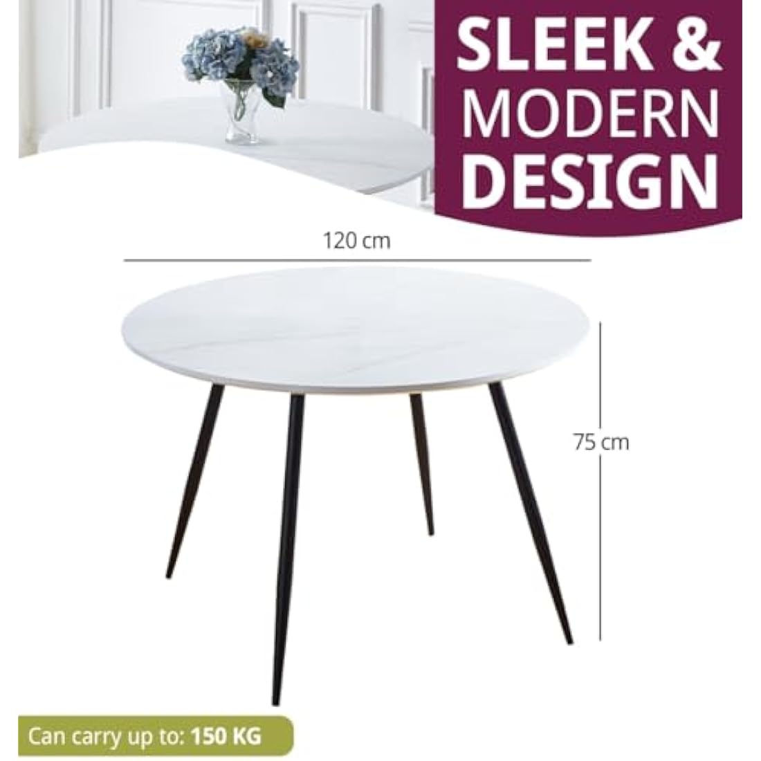 Hallowood Furniture Cullompton Large Marble Effect Top White Dining Table with Black Metal Legs, 4-6 Seater Round Table for Dining Rooms, Kitchens, or Cafés