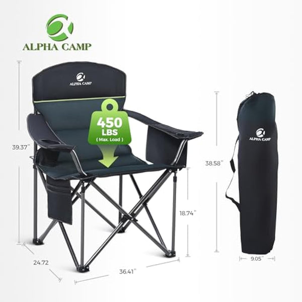 ALPHA CAMP Camping Chairs for Adults Heavy Duty Camping Chair Up to 200 kg Folding Camp Chair with Cup Holder and Cooler Bag for Outdoor Picnic Fishing, Lightweight and Portable, Green