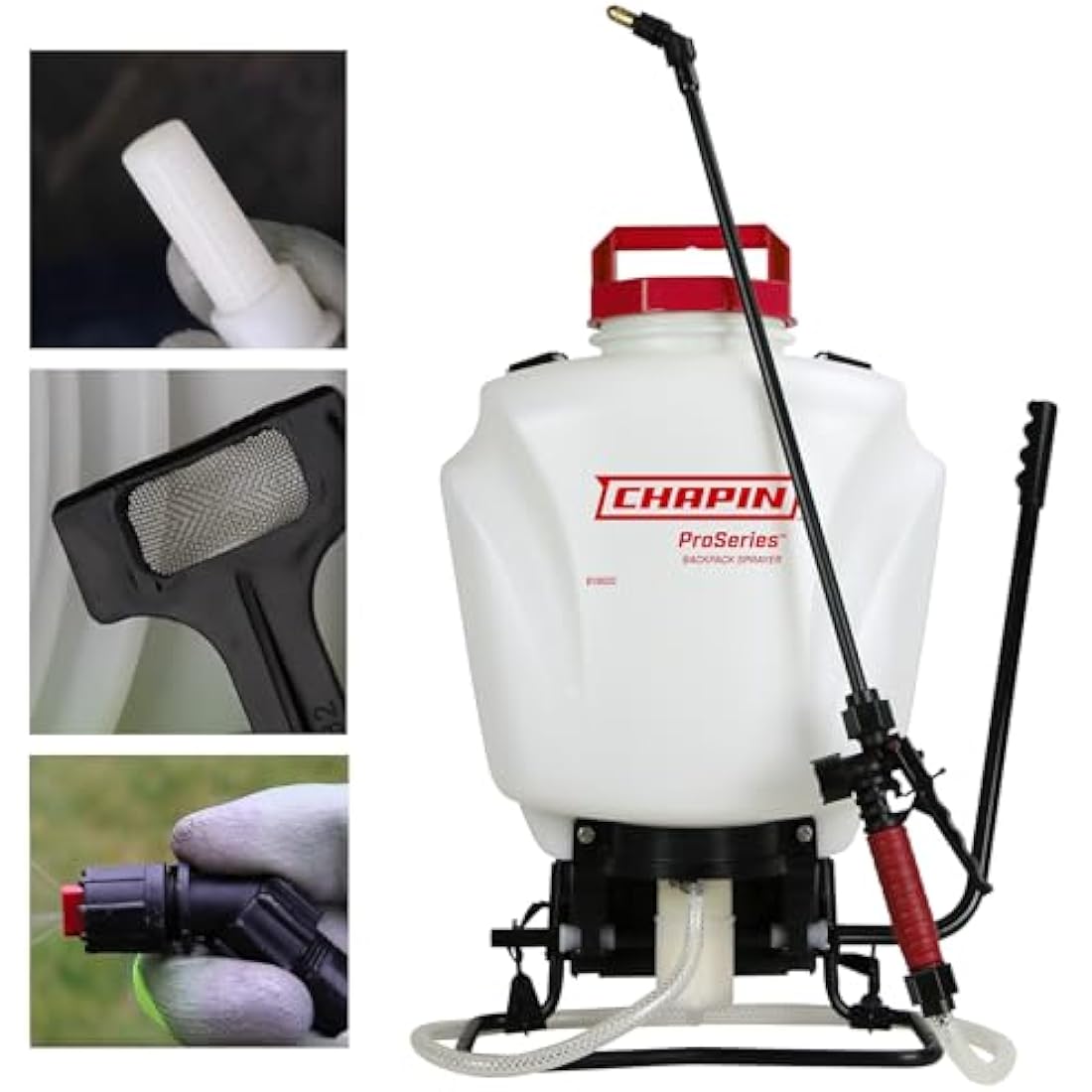 Chapin 61800 4-Gallon Made in USA Professional Backpack Sprayer with Brass Adjustable and Poly Fan/Cone Nozzles, Cushion Grip Shut-Off, 3-Stage Filtration System, Translucent White