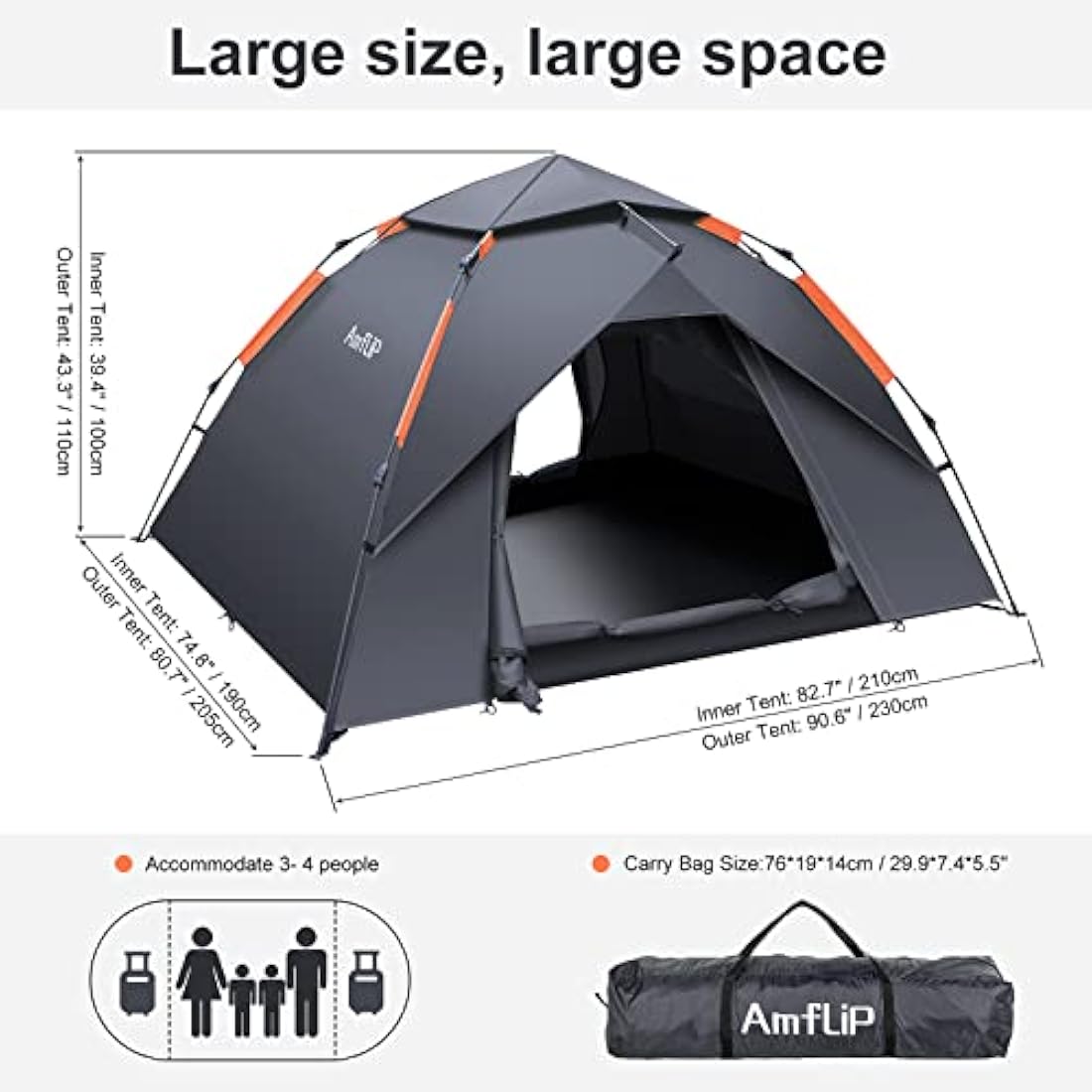 Amflip Camping Tent Automatic 3 Man Person Instant Tent Pop Up Ultralight Dome Tent 4 Seasons Waterproof & Windproof Camping Tent with Removable Outer Tarpaulin, Double Layers